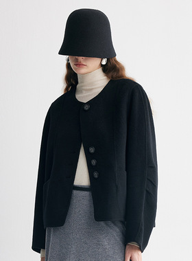 PALUOPO/帕罗极简风双面纯山羊绒黑色短款毛呢外套女高级感小个子