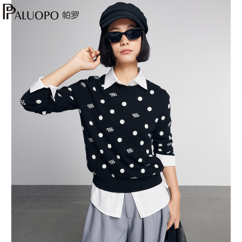 12针薄圆领羊绒衫波点提花毛衣