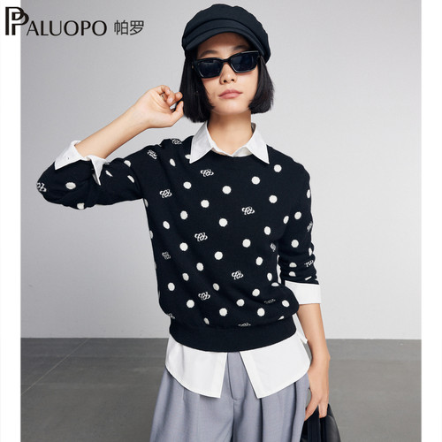 12针薄圆领羊绒衫波点提花毛衣