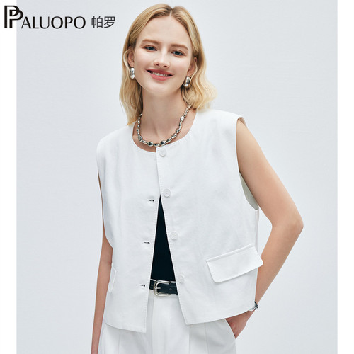 PALUOPO/帕罗西装马甲女装纯色职场圆领外搭上衣