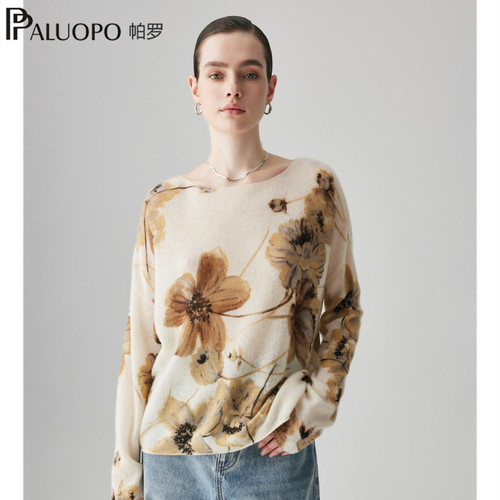 帕罗100%山羊绒衫女士一字领