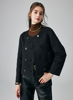 PALUOPO/帕罗双排扣圆领复古绵羊毛短款小香风毛呢外套秋冬新款