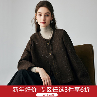 PALUOPO/帕罗复古圆领大衣短款毛呢外套女秋冬新款单排扣外搭上衣