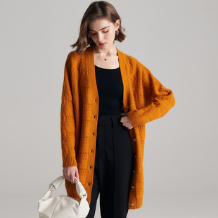 帕罗5针厚款秋冬V领提花百搭休闲中长款外套气质纯山羊绒开衫女