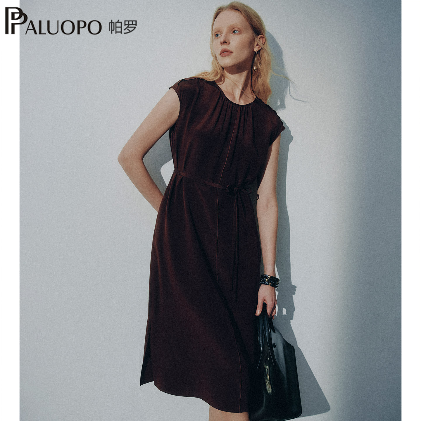 PALUOPO/帕罗RED商场同款极简风真丝连衣裙女收腰系带中长裙洋装