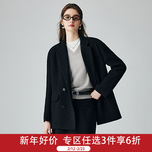 PALUOPO/帕罗黑色短款西装领双排扣复古羊毛毛呢外套女秋冬大衣