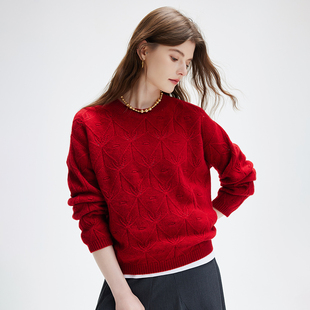 帕罗100山羊绒秋冬红茶风提花圆领宽松厚毛衣长袖 女 针织羊绒衫