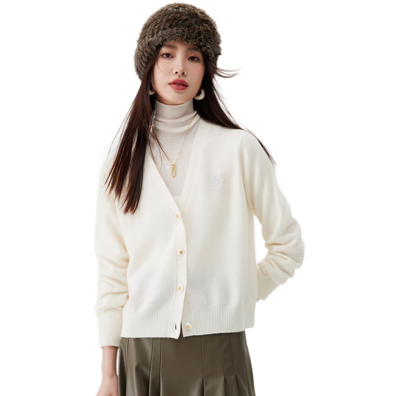 帕罗羊绒衫秋冬V领烫钻纯羊绒百搭淑女纯色打底衫长袖针织毛衣女