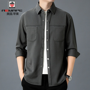 美国苹果春秋2024新款男士工装格子衬衫宽松休闲磨毛长袖外套衬衣