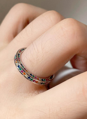 饰尚e族彩虹碎方块三面立体戒指女时尚简约个性日韩S925镀银开口