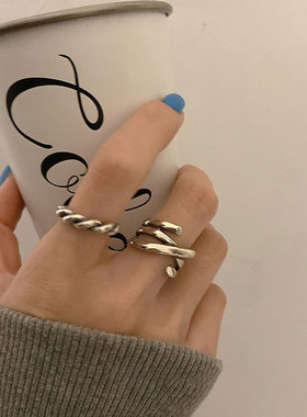 饰尚e族韩版S925镀银线条交叉戒指女复古简约麻花开口指环欧美个