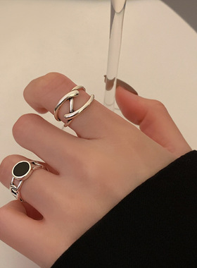 饰尚e族几何黑色圆形镂空戒指女复古时尚开口指环ins小众食