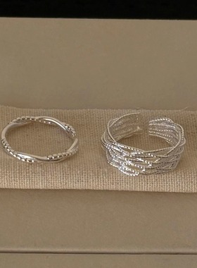 饰尚e族几何线条交叉麻花戒指女多层精致百搭S925镀银开口指环创