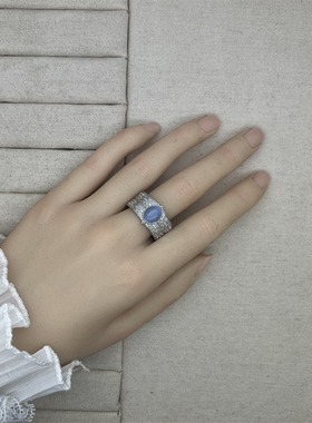 饰尚e族椭圆蓝色锆石戒指女法式复古轻奢宫廷风开口指环网