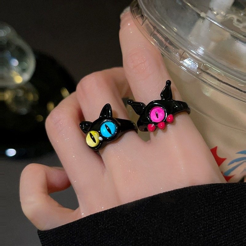 饰尚e族搞怪黑色小猫咪戒指女个性创意怪兽大眼仔开口指环ins小众
