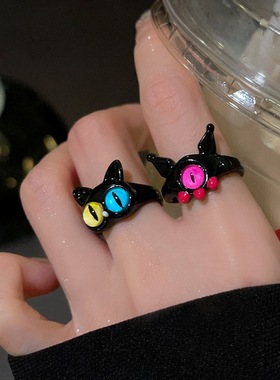 饰尚e族搞怪黑色小猫咪戒指女个性创意怪兽大眼仔开口指环ins小众