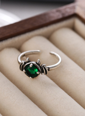 饰尚e族小恶魔戒指女祖母绿锆石精致百搭S925镀银开口指环做旧时