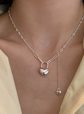 饰尚e族爱心挂锁流苏项链女时尚个性设计感insS925镀银锁骨链精致