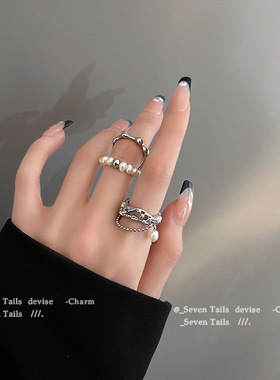 饰尚e族甜美珍珠链条戒指女时尚气质优雅开口指环双层文艺