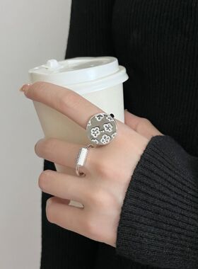 光面花朵戒指女几何圆牌线条缠绕百搭叠戴开口指环ins食指戒