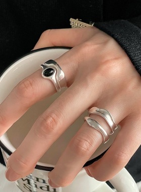 饰尚e族复古双层黑色椭圆锆石戒指女高级感个性时尚开口戒子