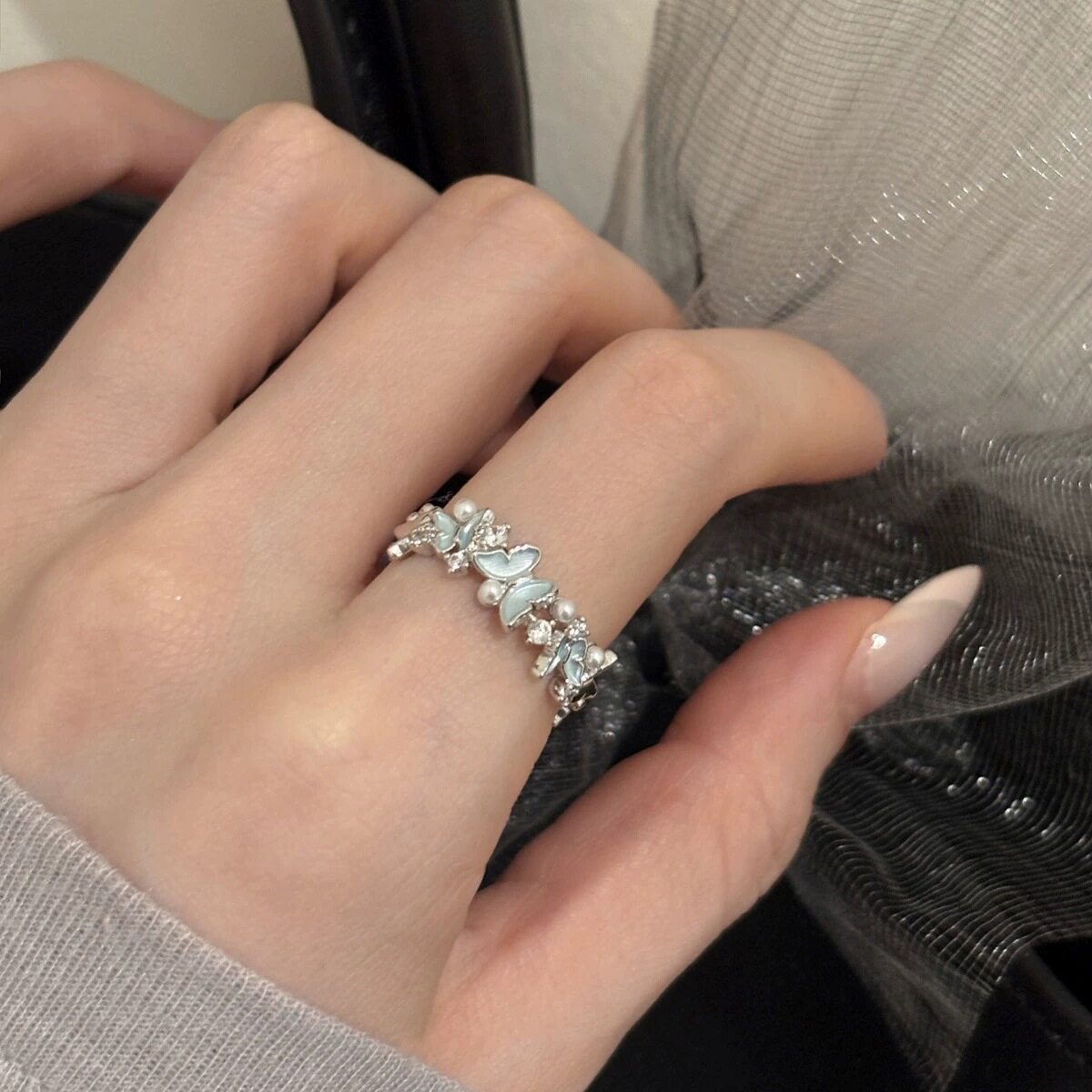 冰蓝蝴蝶精致戒指女高级感时尚轻奢百搭开口指环ins风气质食指戒