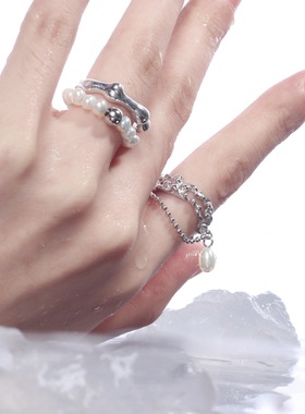 饰尚e族超仙双层珍珠戒指女气质优雅温柔链条流苏开口指环