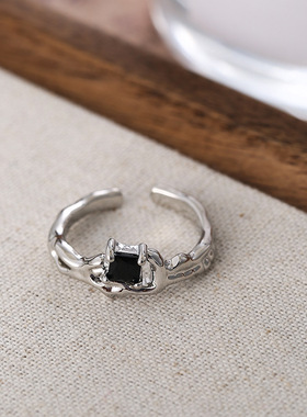 饰尚e族几何熔岩不规则戒指女黑色锆石个性百搭S925镀银开口指环