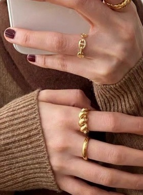 饰尚e族线条镂空牛角包戒指女网红时尚个性气质开口指环in