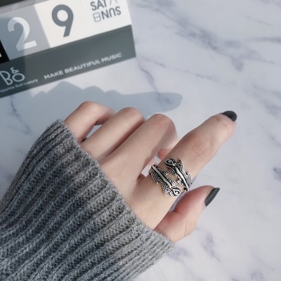 饰尚e族复古树叶环抱戒指女做旧重工时尚百搭开口指环ins小众设计