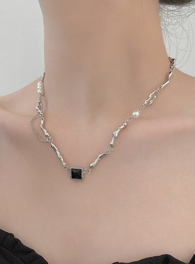 饰尚e族几何黑色锆石项链女韩版时尚重工气质不规则锁骨链嘻哈情