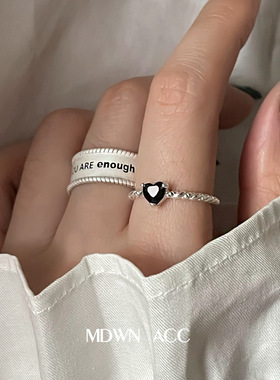 黑色锆石爱心戒指女时尚简约气质开口指环ins文艺食指戒潮