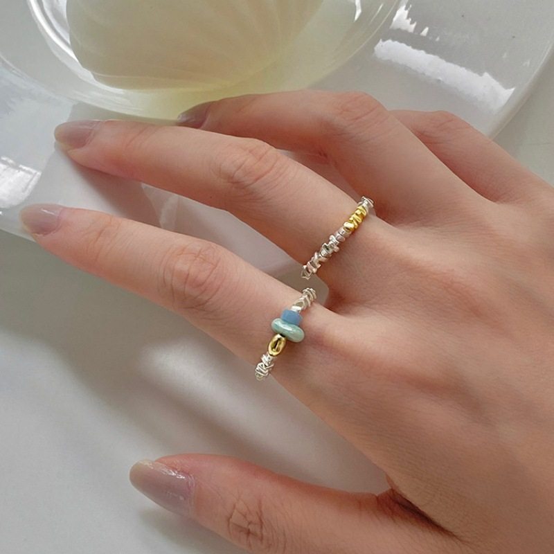 饰尚e族碎银子珍珠戒指女韩国百搭松紧弹力绳水晶玉石指环