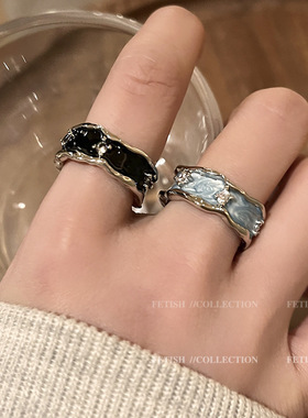 珐琅滴釉微镶锆石戒指女轻奢高级感薄荷蓝清新时尚开口指环可调节