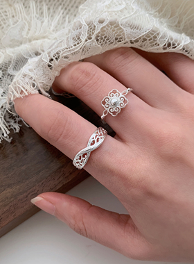 新中式风格简约戒指女小众设计精致镂空花纹戒指开口可调节高级感