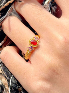 饰尚e族甜酷红色锆石微镶戒指女浮雕复古宫廷风开口指环气质优雅