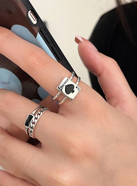 饰尚e族扑克黑桃A戒指女几何时尚方块个性复古开口指环嘻哈