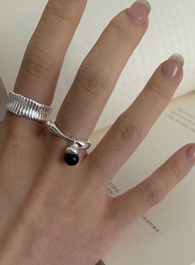 饰尚e族黑色栗子吊坠戒指女简约几何条纹叠戴开口指环ins小众时尚