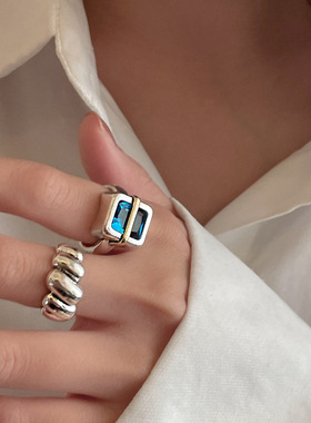 饰尚e族简约蓝色锆石戒指女复古时尚几何拼色开口指环嘻哈