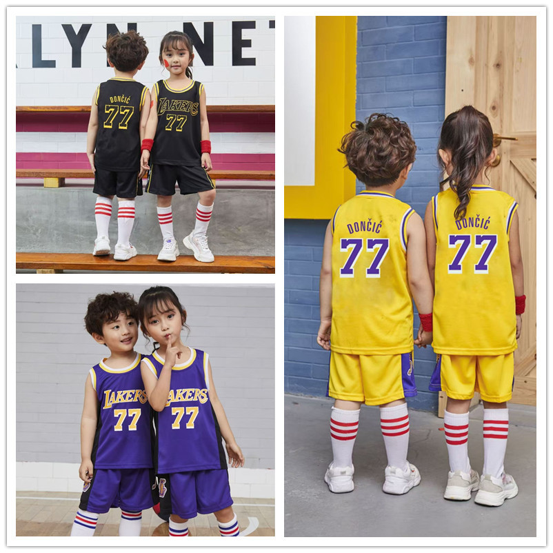 儿童湖人队77号东契奇篮球服宝宝比赛学生球衣童装运动班篮球服