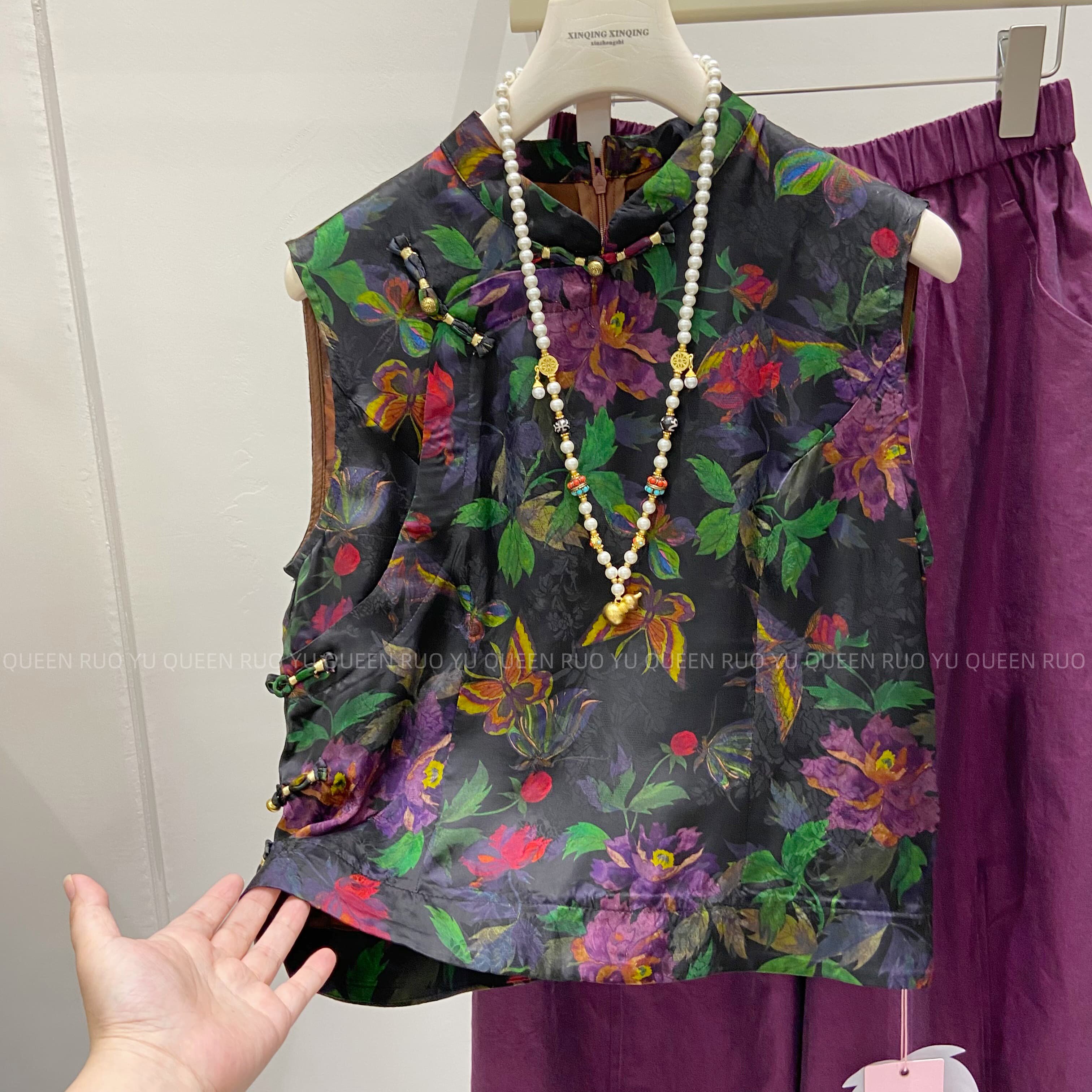 新中式复古花盘扣人丝香云纱女夏高级感轻奢老钱提花小蛮腰小衫潮