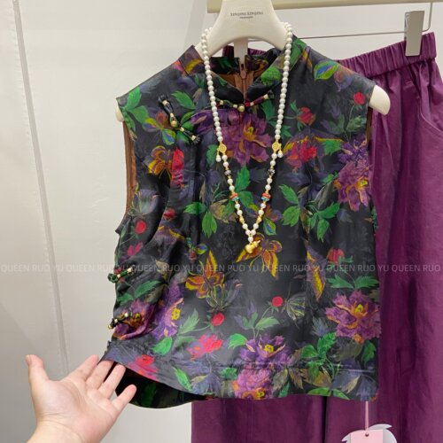 新中式复古花人丝香云纱夏轻奢女