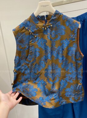 新中式复古提花蓝色盘扣小蛮腰女