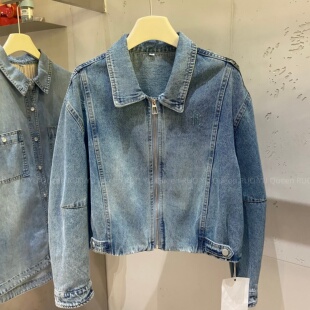 韩版水洗蓝色翻领高腰短款拉链牛仔外套女2026春高级感显瘦上衣潮