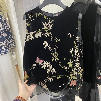 国风黑色丝绒植绒印花无袖上衣女