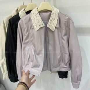 韩版 欧洲站蕾丝花边翻领蛋白皮拉链皮衣短外套女2026春设计感别致