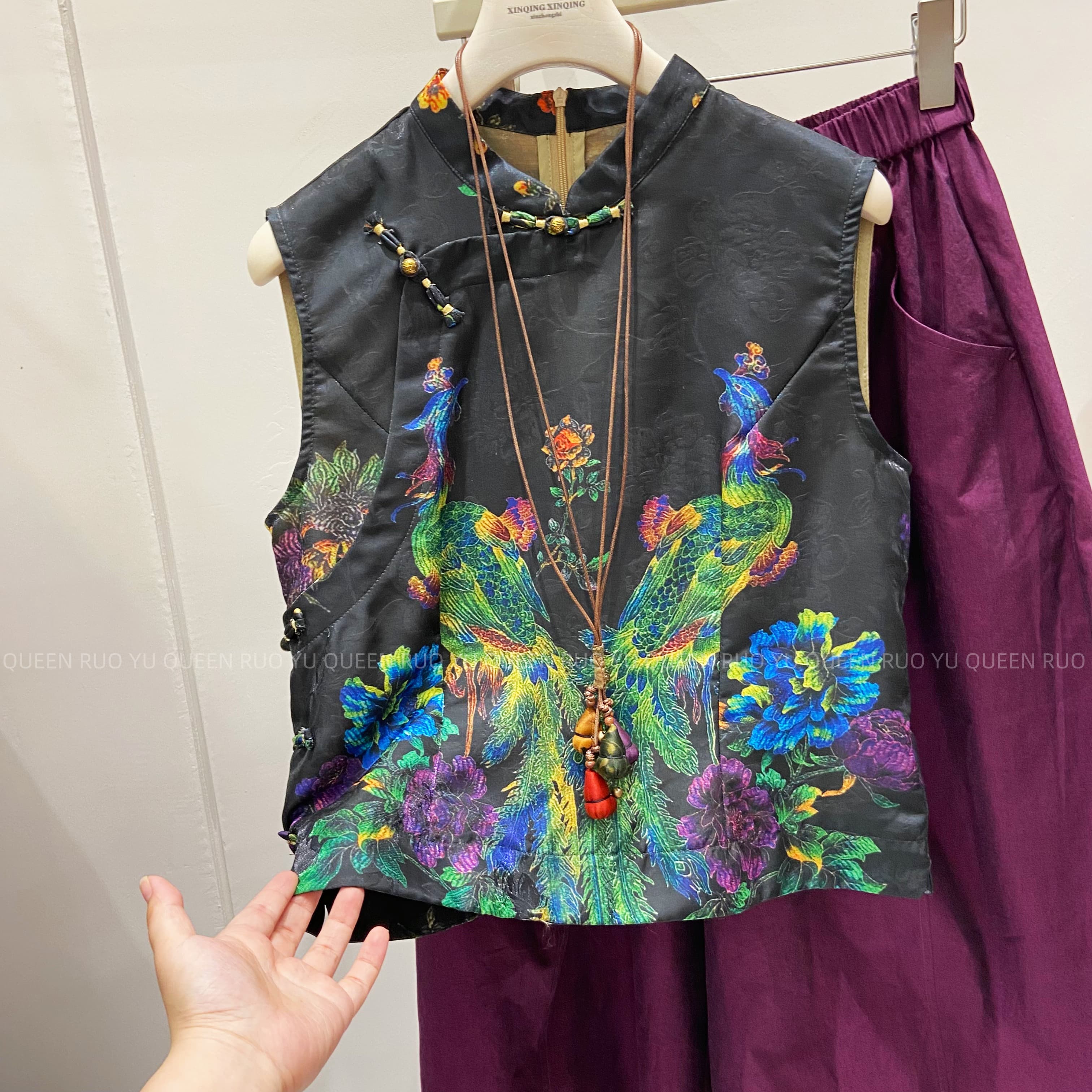 新中式撞色提花人丝香云纱国风女