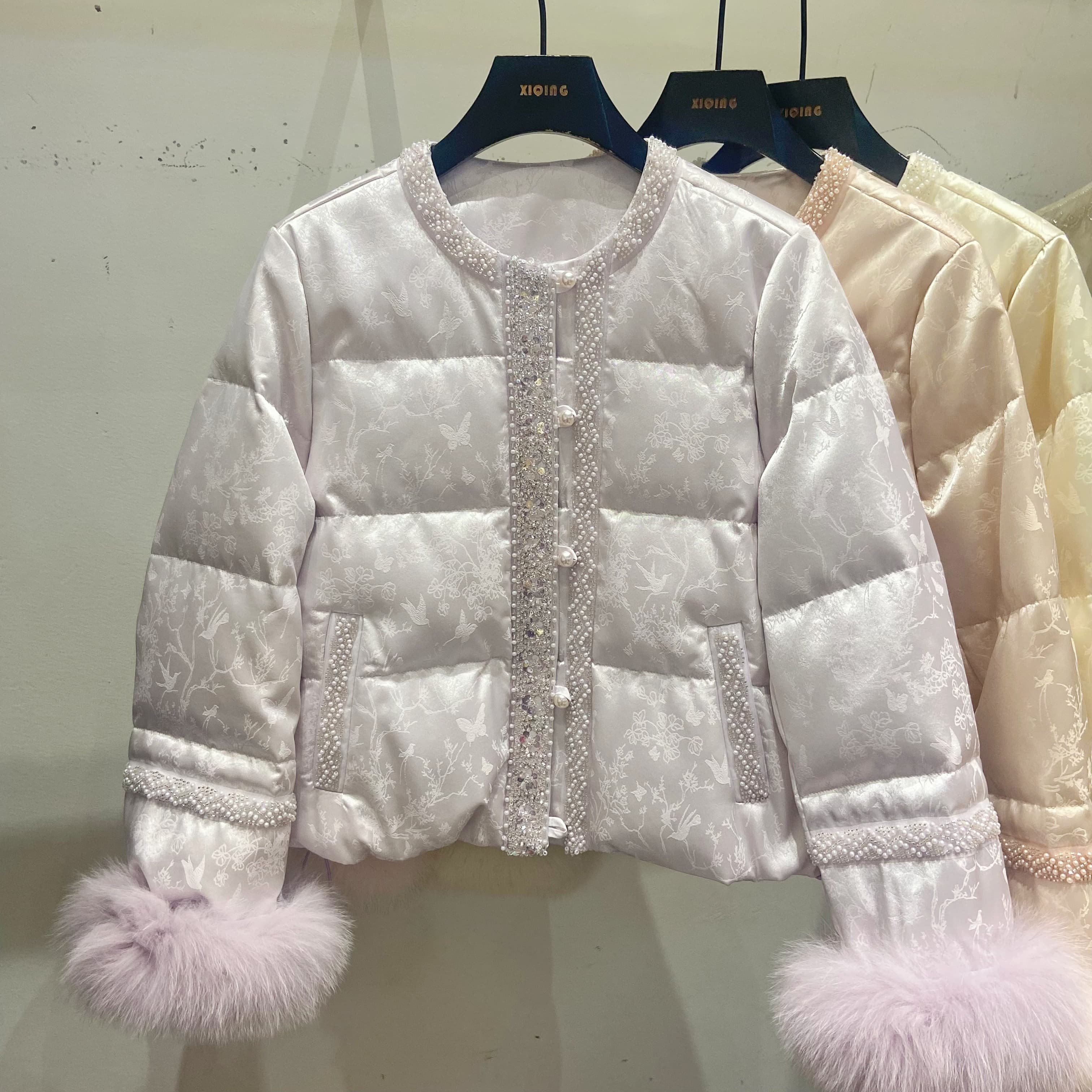 洋气新中式提花钉珠珍珠纽扣狐狸毛90绒白鸭绒羽绒服外套女2026春,女装/女士精品,羽绒服,淘宝优惠券,粉丝福利购,淘宝优惠卷
