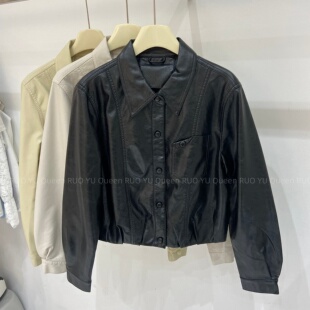 韩翻领口袋短款蛋白皮皮衣短外套女2026春纽扣机车显瘦高腰上衣潮