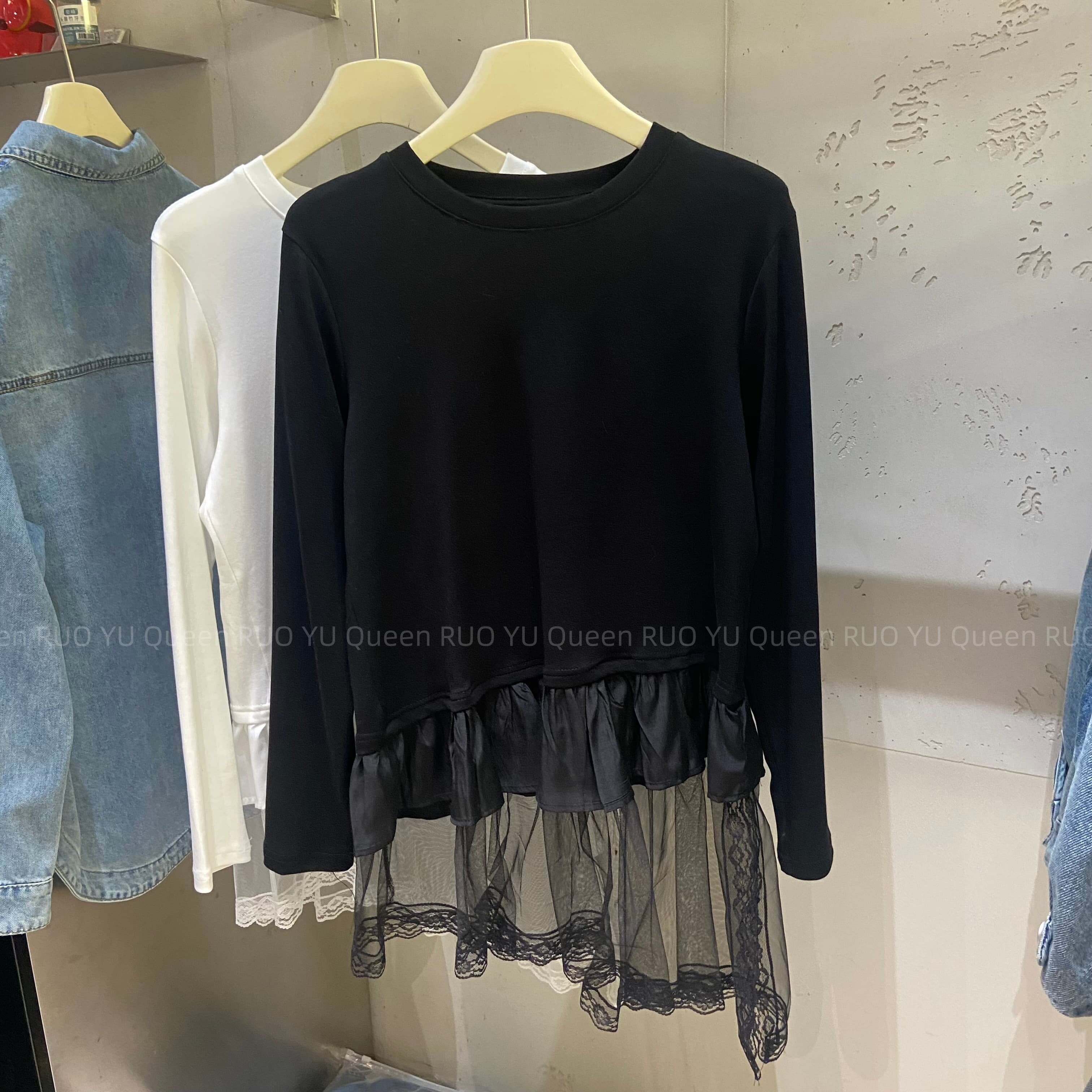 韩版黑白色光板纯色蕾丝纱拼接t恤中长款打底衫女2026春圆领宽松